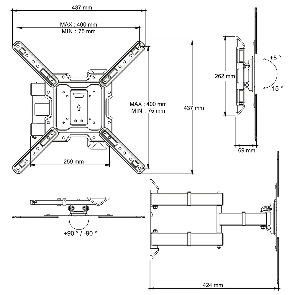 blackweb Full Motion TV Wall Mount for 19 in. to 50 in. TV's (Black), Tilts & Swivels