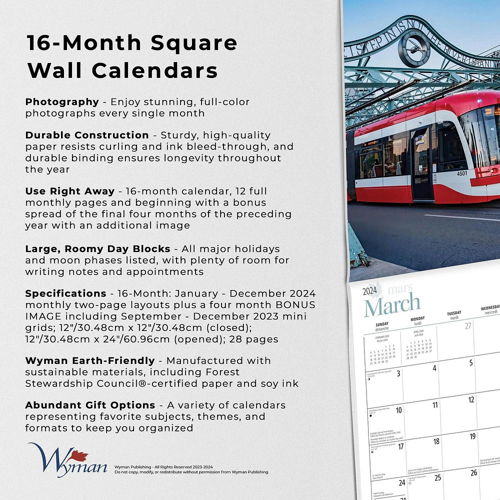 Wyman Publishing Toronto 2024 12x24 Inch Square Wall Calendar, 9781525611674