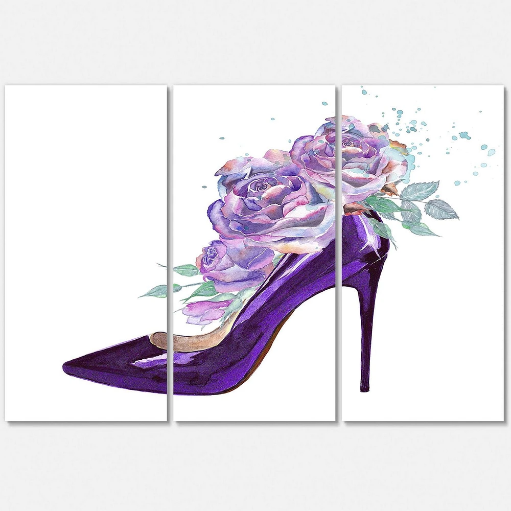 Designart Dark Purple Stiletto Shoe With Pink VIolet Roses Canvas Wall Art