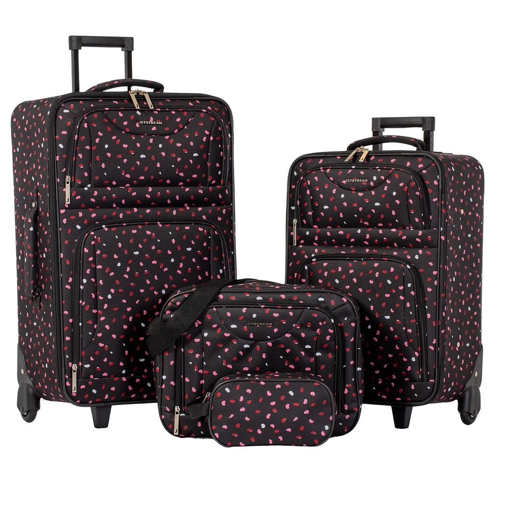 JT 4PC SET AST, 4 Piece Suitcase Set: 25 Inch Luggage, Carry On Suitcase, Tote Bag & Toiletry Kit