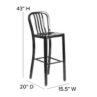 Tabouret de bar en métal noir de 30 pouces de hauteur pour l'intérieur et l'extérieur avec dossier à traverses verticales