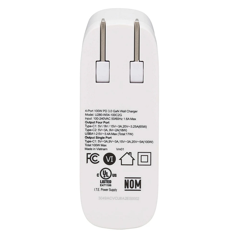 Tripp Lite 4-Port USB Wall Charger, 100W PD, GaN Tech, 2 USB-C & 2 USB-A Ports, White