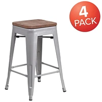 4 Pk. 24" High Backless Silver Metal Counter Height Stool with Square Wood Seat