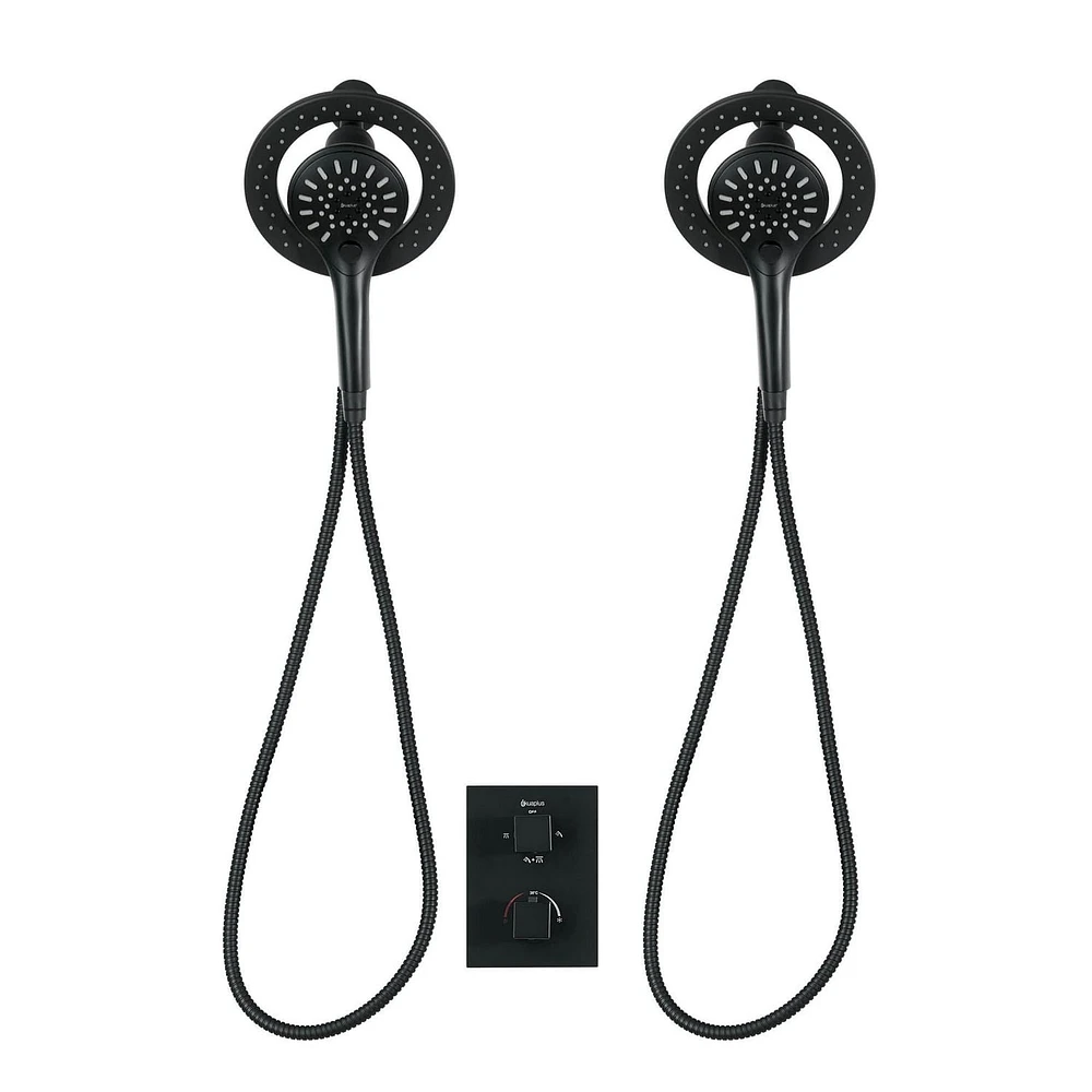 Valve thermostatique carrée avec déviateur à 4 voies d'Akuaplus®. 2 douchettes magnétiques à 3 réglages avec bouton poussoir et pommeau de douche pivotable. Fini noir mat