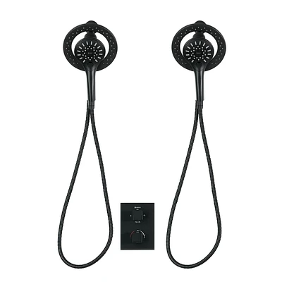Valve thermostatique carrée avec déviateur à 4 voies d'Akuaplus®. 2 douchettes magnétiques à 3 réglages avec bouton poussoir et pommeau de douche pivotable. Fini noir mat