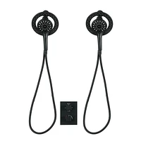 Valve thermostatique carrée avec déviateur à 4 voies d'Akuaplus®. 2 douchettes magnétiques à 3 réglages avec bouton poussoir et pommeau de douche pivotable. Fini noir mat