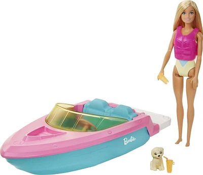 Coffret poupée et bateau Barbie, avec chiot, gilet de sauvetage et accessoires, capacité 3 poupées et flotte sur l’eau, cadeau pour les enfants de 3 à 7 ans