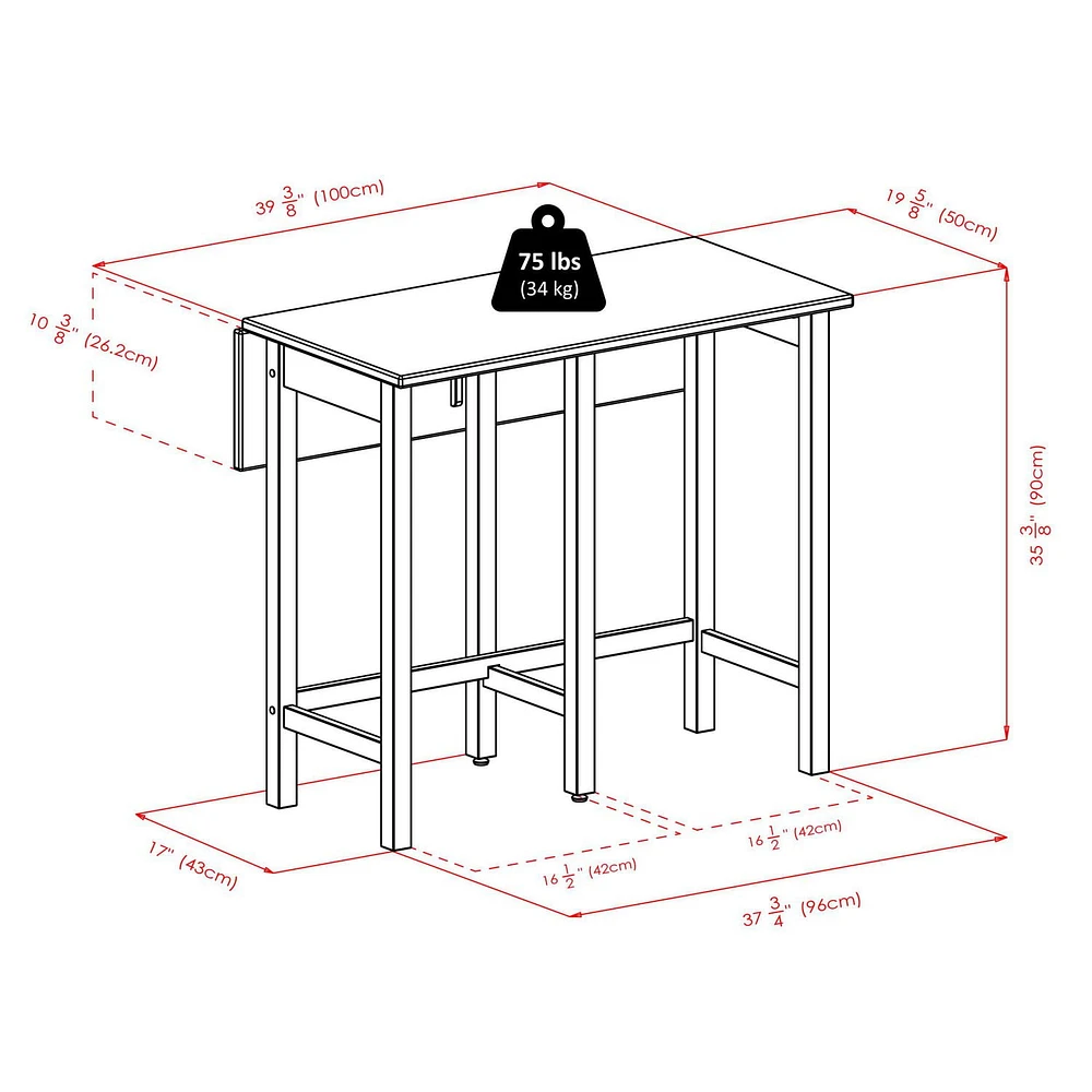 Table ilot Lynnwood à abattant avec 2 tabourets à pieds carrés en noyer
