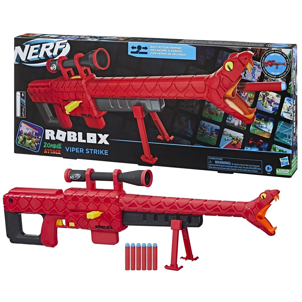 Nerf Roblox Zombie Attack: Viper Strike Dart Blaster With Scope, Code to Redeem Exclusive Virtual Item, 6-Dart Clip, 6 Nerf Elite Darts, Bipod, Roblox Toys for Boys & Girls 8 Years Old & Up, Ages 8 and up
