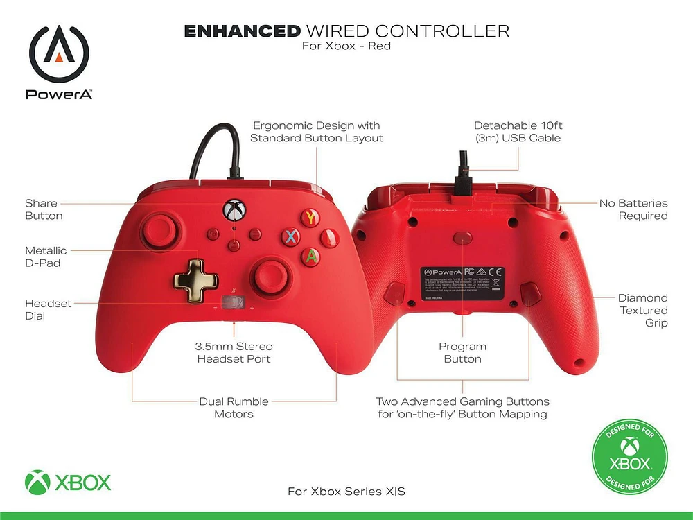 Manette câblée PowerA améliorée pour Xbox – Rouge; manette de jeu, manette de jeu vidéo câblée, manette de jeu, jeux, Xbox Series X|S Xbox Series X|S