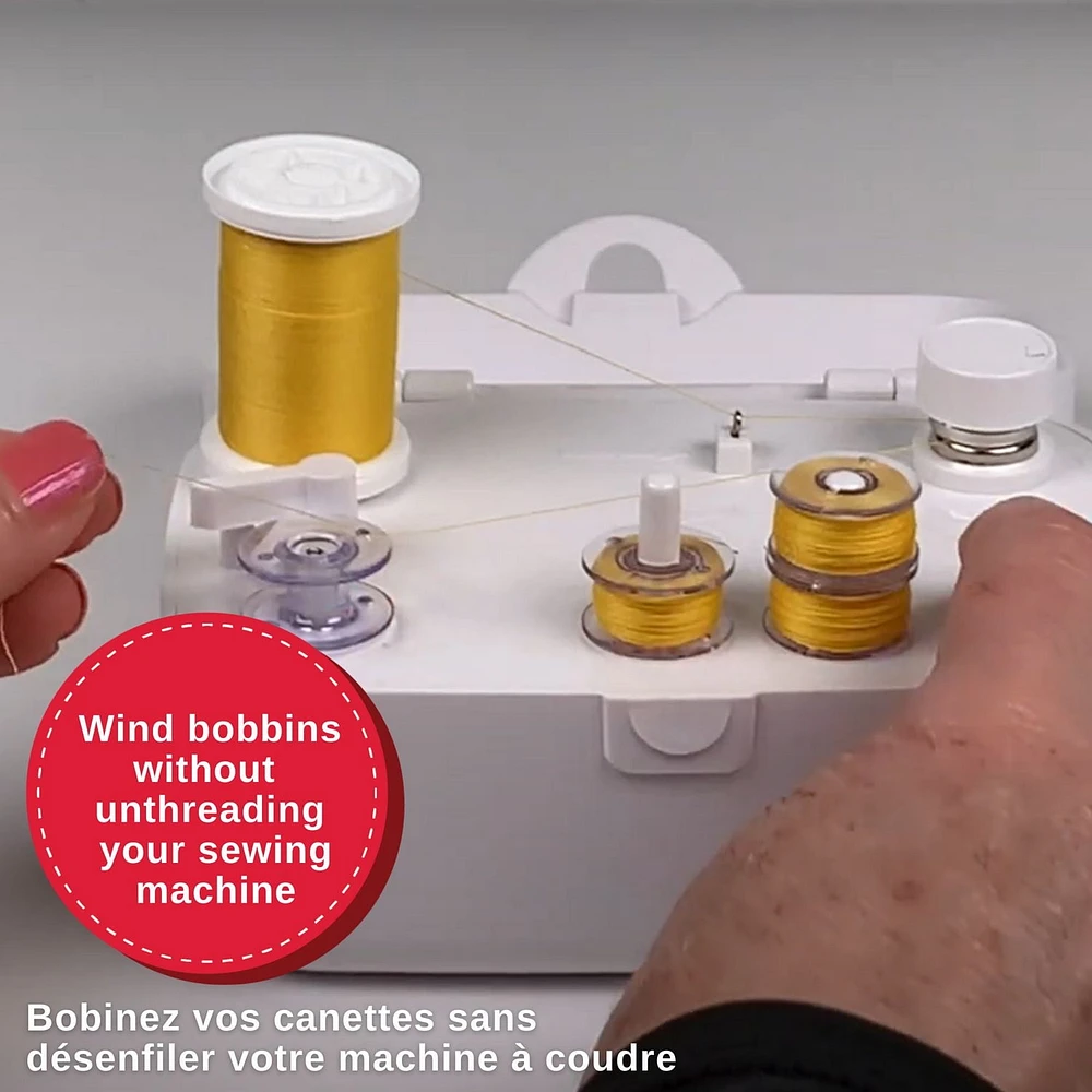 SINGER® Universal Bobbin Winder - For Class 15 and 15J Bobbins - Simple & Portable - Battery Powered With Included Power Adapter, White, SINGER® Universal Bobbin Winder