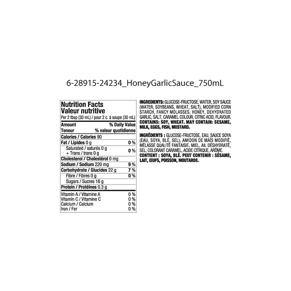 Sauce au miel et à l'ail de Great Value 750 ml