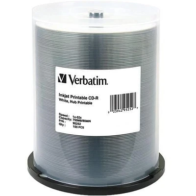 Verbatim 700MB 52x Inkjet Hub Printable CD-R - White - 100 Pack