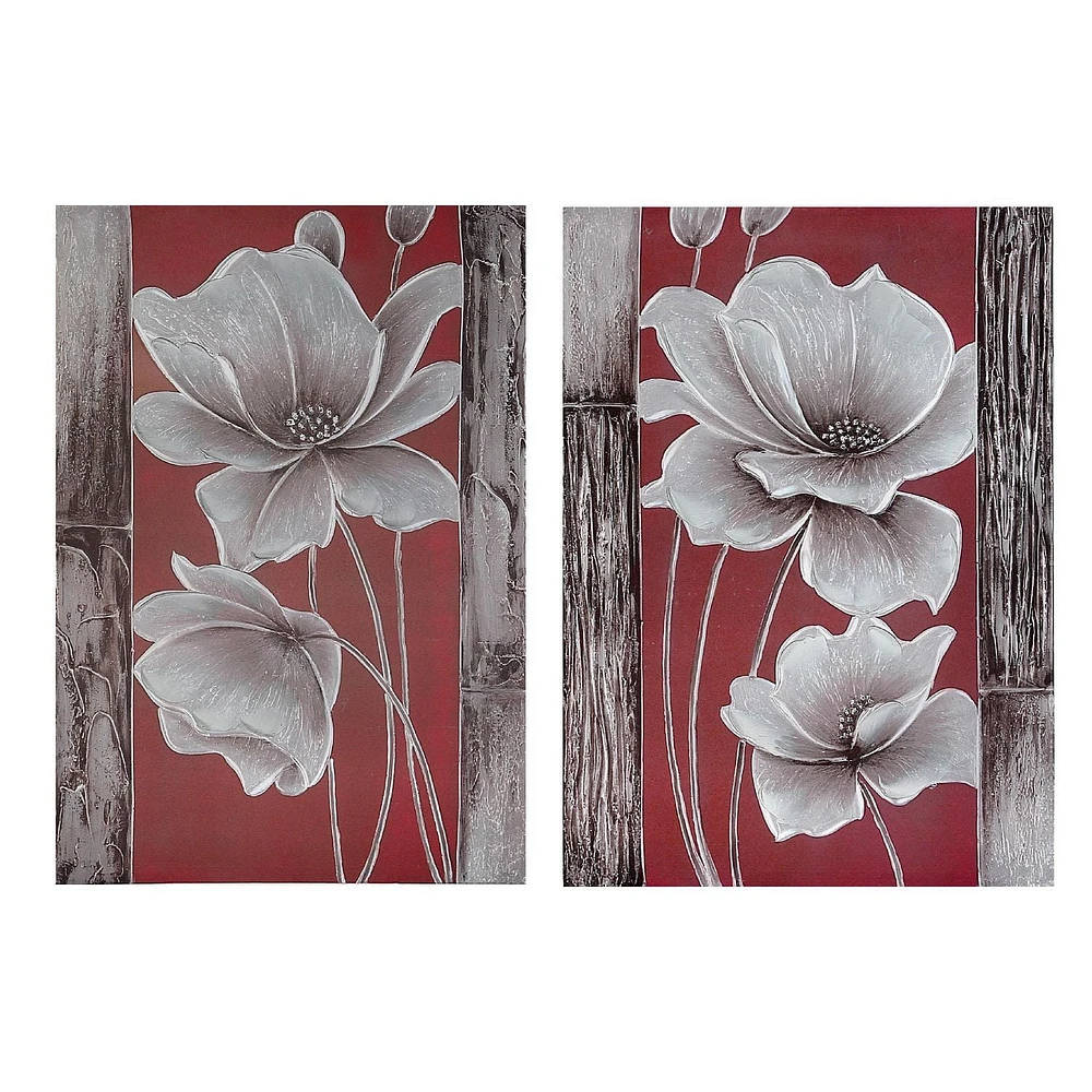 Art Mural En Toile Peint À La Main (Fleurs Et Bois) - Ensemble De 2