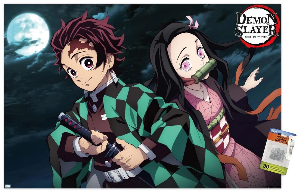 Demon Slayer - Tanjiro & Nezuko Night 22.375" x 34" Wall Poster with Push Pins, by Trends International