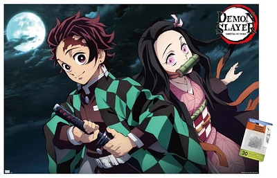 Demon Slayer - Tanjiro & Nezuko Night 22.375" x 34" Wall Poster with Push Pins, by Trends International