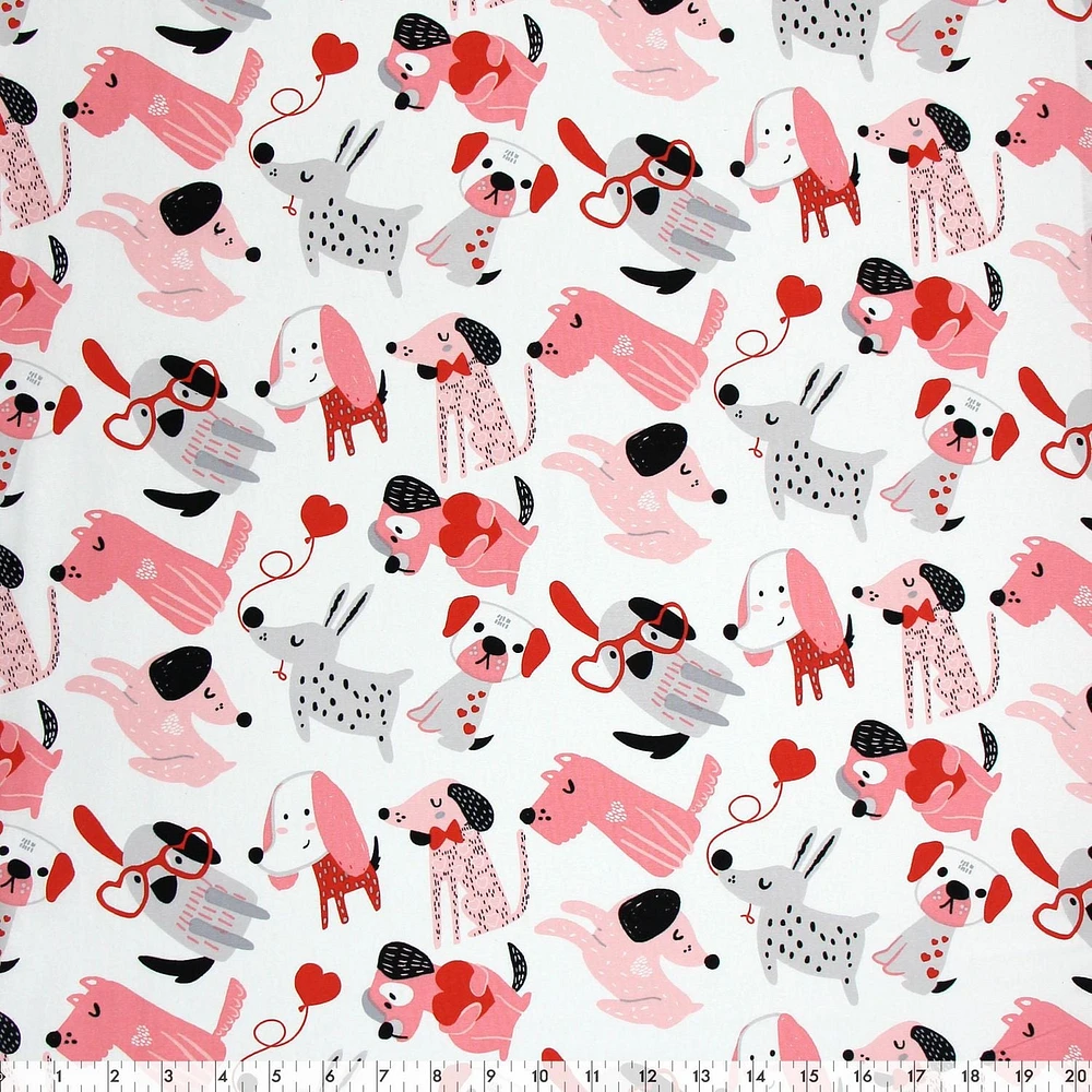 Tissu au mètre en coton Fabric Creations à motif de blanc avec des chiens de coeur de la Saint-Valentin