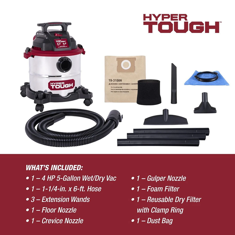 Hyper Tough 5 Gallon Stainless Steel Wet/Dry Vacuum, Hyper Tough 18.9L (5 Gal.) 4.0 Peak Horsepower Wet/Dry Vacuum with accessories