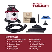 Hyper Tough 5 Gallon Stainless Steel Wet/Dry Vacuum, Hyper Tough 18.9L (5 Gal.) 4.0 Peak Horsepower Wet/Dry Vacuum with accessories
