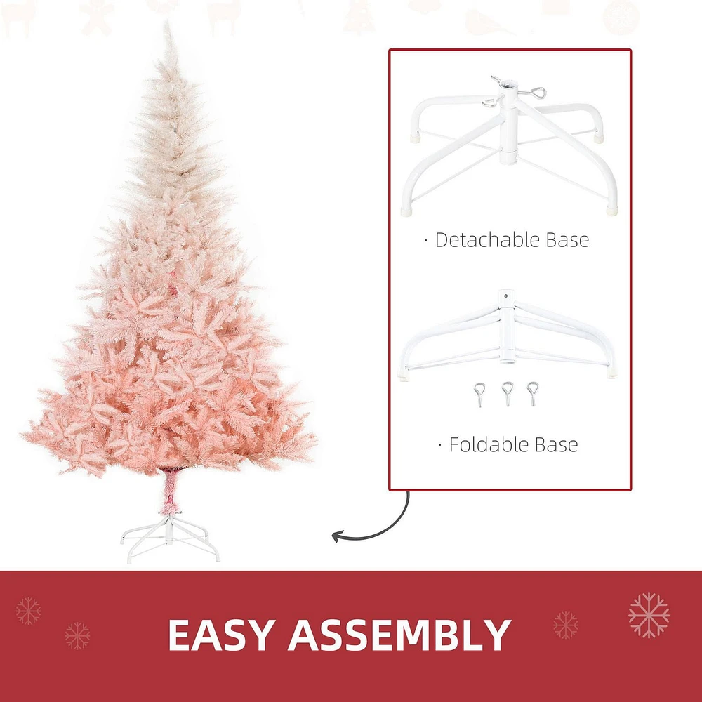 HOMCOM Décoration de maison de vacances d'arbre de Noël artificiel de 6 pieds avec support en métal, ouverture automatique, blanc et rose