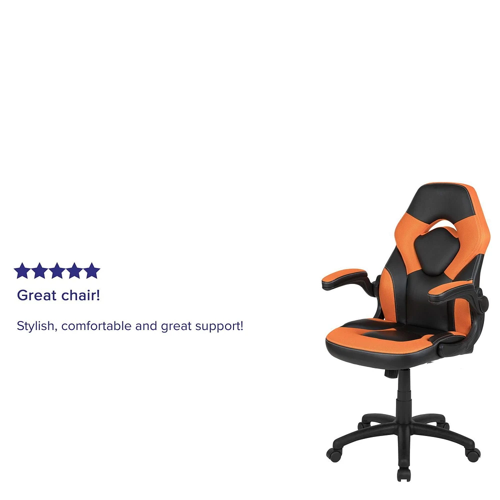 Fauteuil de jeu ergonomique de style course LeatherSoft à dossier haut,  avec appui-bras rabattables, orange / noir