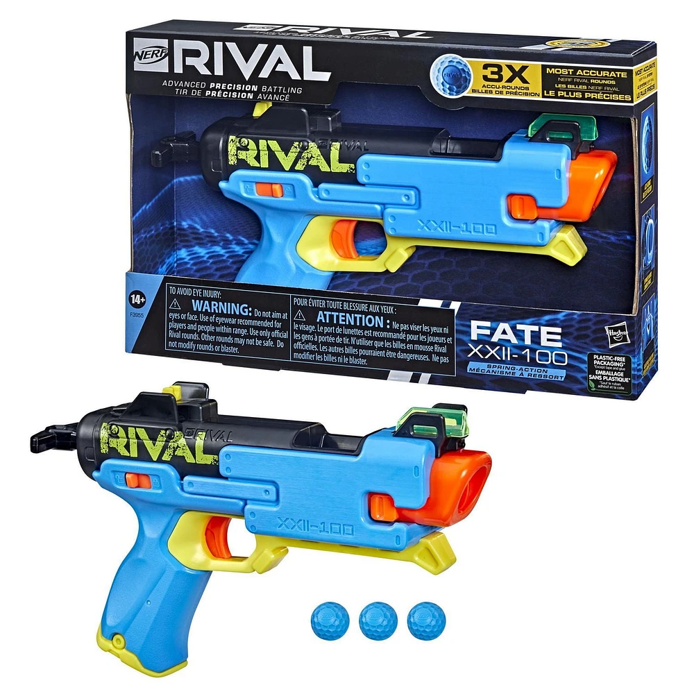 Nerf Rival, blaster Fate XXII-100, système Nerf Rival le plus précis, viseur arrière ajustable, chargement par la culasse, 3 billes en mousse de précision