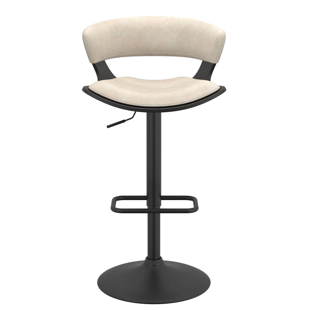 Tabouret pneumatique contemporain réglable en bois et en similicuir – ivoire et noir