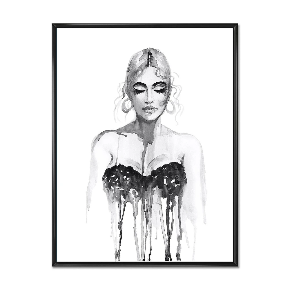 Designart Portrait monochrome de femme portant une robe de soirée ART MURAL À CADRE FLOTT