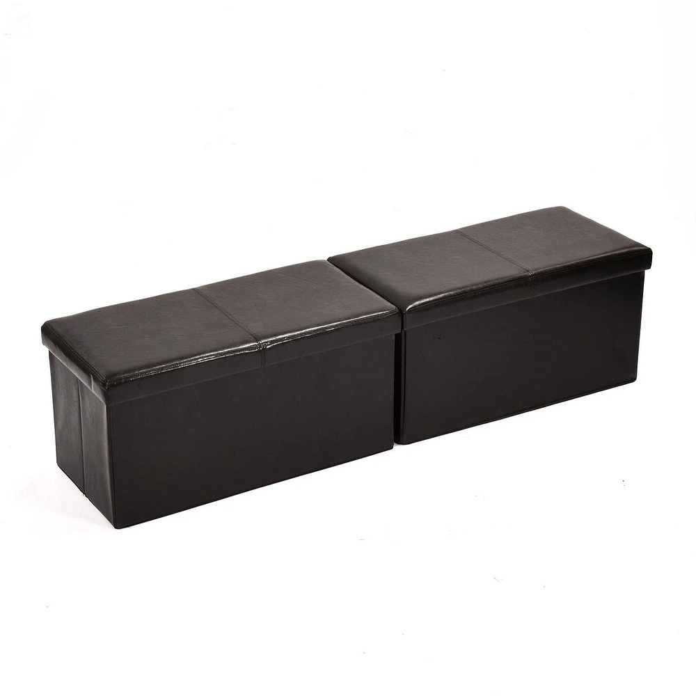 Homy Casa Folding Chair Bench Set of 2 - Foldable Faux Leather PU Storage Ottomans with Soft Padded Top, Black