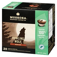 Dosettes de café Loup Hurlant de Muskoka Roastery Coffee Co. à torréfaction foncée moyenne en emballage d'une portion