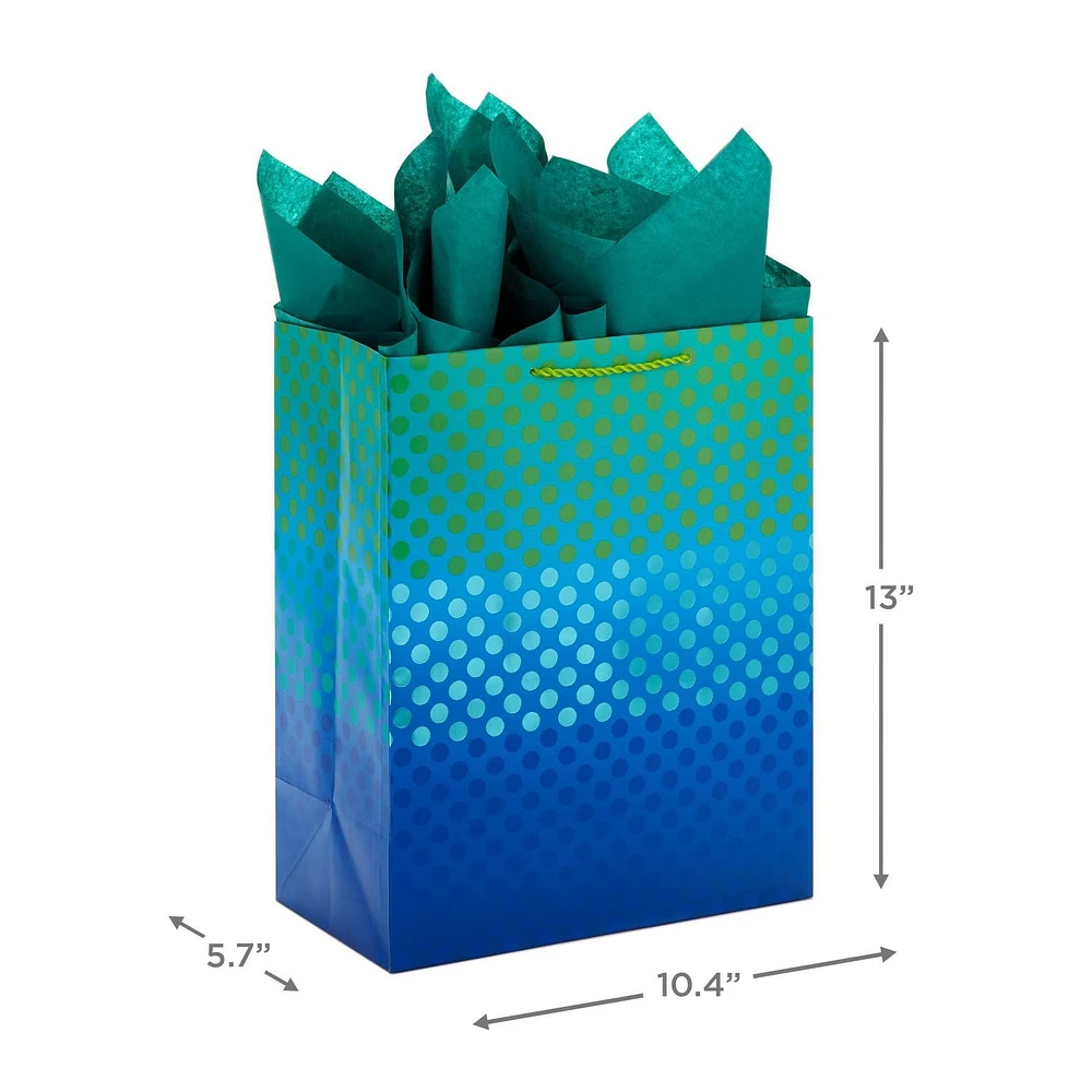 Grand sac-cadeau de 13 po avec papier de soie, Hallmark (bleu, vert, pois métallisés) pour les fêtes, la fête des Pères, les remises des diplômes