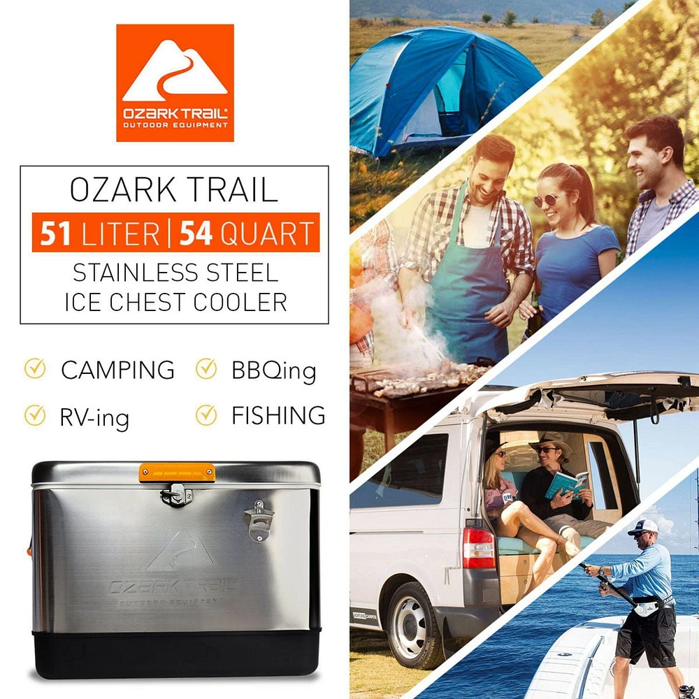 Glacière Ozark Trail 54 pintes Glacière en acier inoxydable avec décapsuleur 85 canettes, 51 L