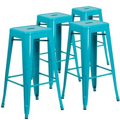 Tabouret de bar de qualité commerciale, de 30 po sans dossier en bleu-sarcelle cristal pour l'intérieur et l'extérieur - 4 pièces