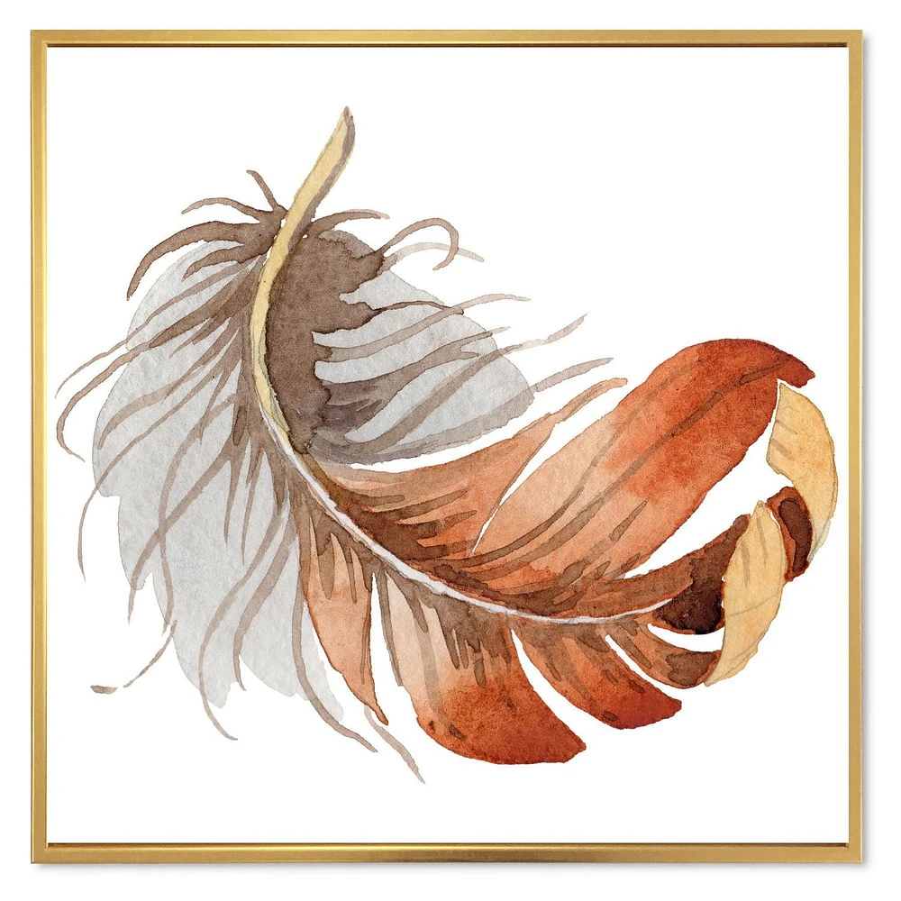 Designart Plume d'Oiseau Ethnique Orange ART MURAL À CADRE FLOTTÉ