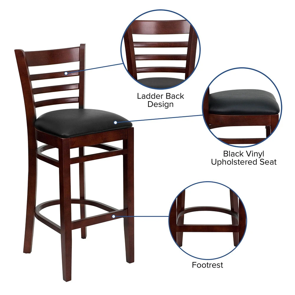 2 Pk. HERCULES Series Ladder Back Mahogany Wood Restaurant Barstool - Black Vinyl Seat
