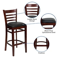 2 Pk. HERCULES Series Ladder Back Mahogany Wood Restaurant Barstool - Black Vinyl Seat