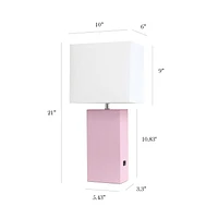 Lampe de table design moderne en cuir élégant avec abat-jour USB et tissu blanc