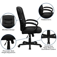 Chaise exécutive pivotante en cuir noir à dossier mi-hauteur avec dossier et appuis-bras à trois lignes de couture horizontale