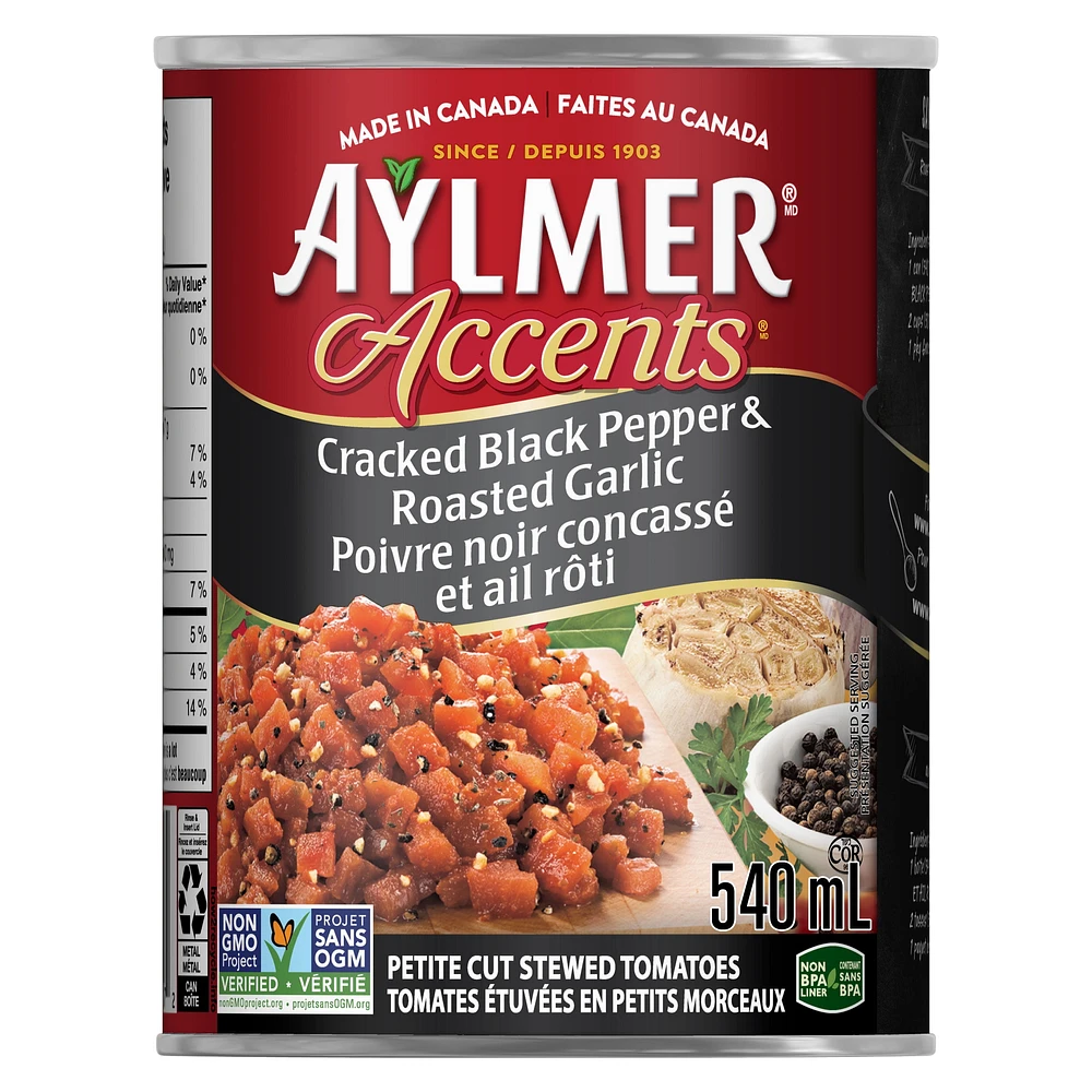 Aylmer Accents Cracked Black Pepper and Roasted Garlic Stewed Tomatoes, 540 ml