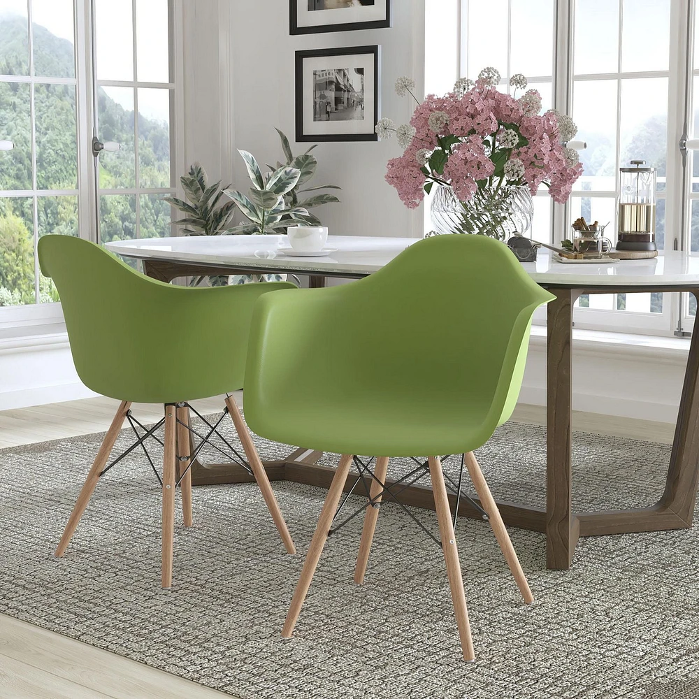 2 pièces Chaise de la série Alonza en plastique vert avec pattes en bois