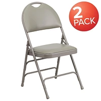 2 Pk. HERCULES Series Ultra-Premium Triple Braced Gray Vinyl Metal Folding Chair with Easy-Carry Handle