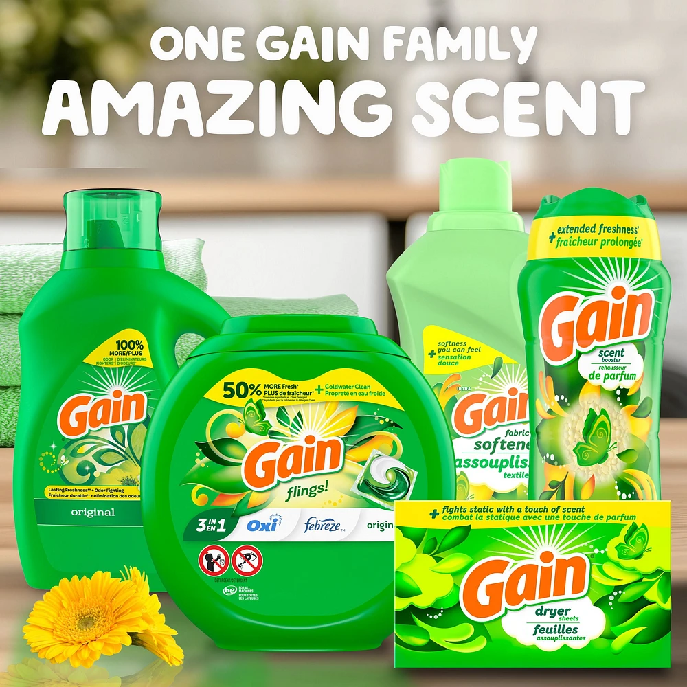 Assouplissant textile liquide Gain pour la lessive, parfum Original, compatible avec les laveuses HE 2.63L