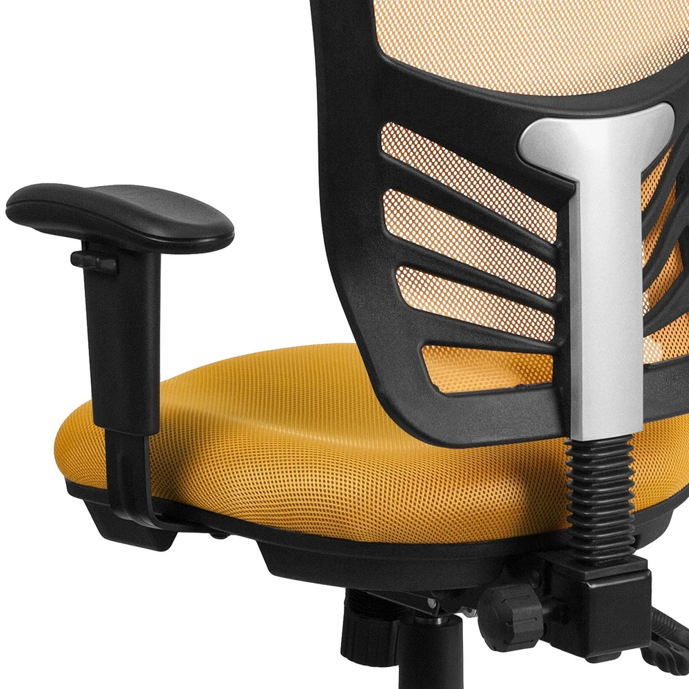 Chaise exécutive pivotante multifonctions en maille jaune-orange à dossier mi-hauteur avec appui-bras réglable