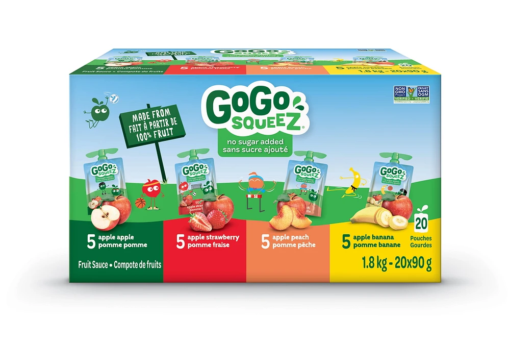 GoGo squeeZ Fruit Sauce Variety Pack, Apple, Strawberry, Peach, Banana, No Sugar Added. 90g per pouch, Pack of 20, 1.8kg