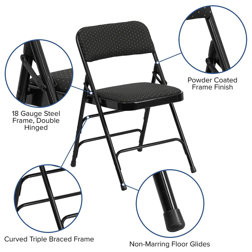2 pièces Chaise pliante de la série HERCULES en tissu noir à motifs et métal à triple entretoise courbé et double charnière