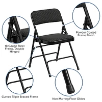 2 pièces Chaise pliante de la série HERCULES en tissu noir à motifs et métal à triple entretoise courbé et double charnière