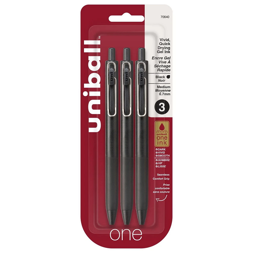 Stylos à gel rétractables uniball™ one, pointe moyenne (0,7 mm), corps noir, encre noire, lot de 3 Stylos à gel rétractables