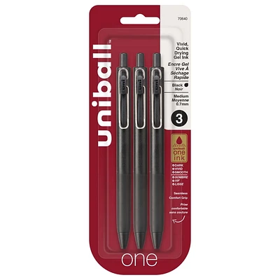 uniball™ one Retractable Gel Pens, Medium Point (0.7mm), Black Barrels, Black Ink, 3 Pack, Retractable Gel Pens
