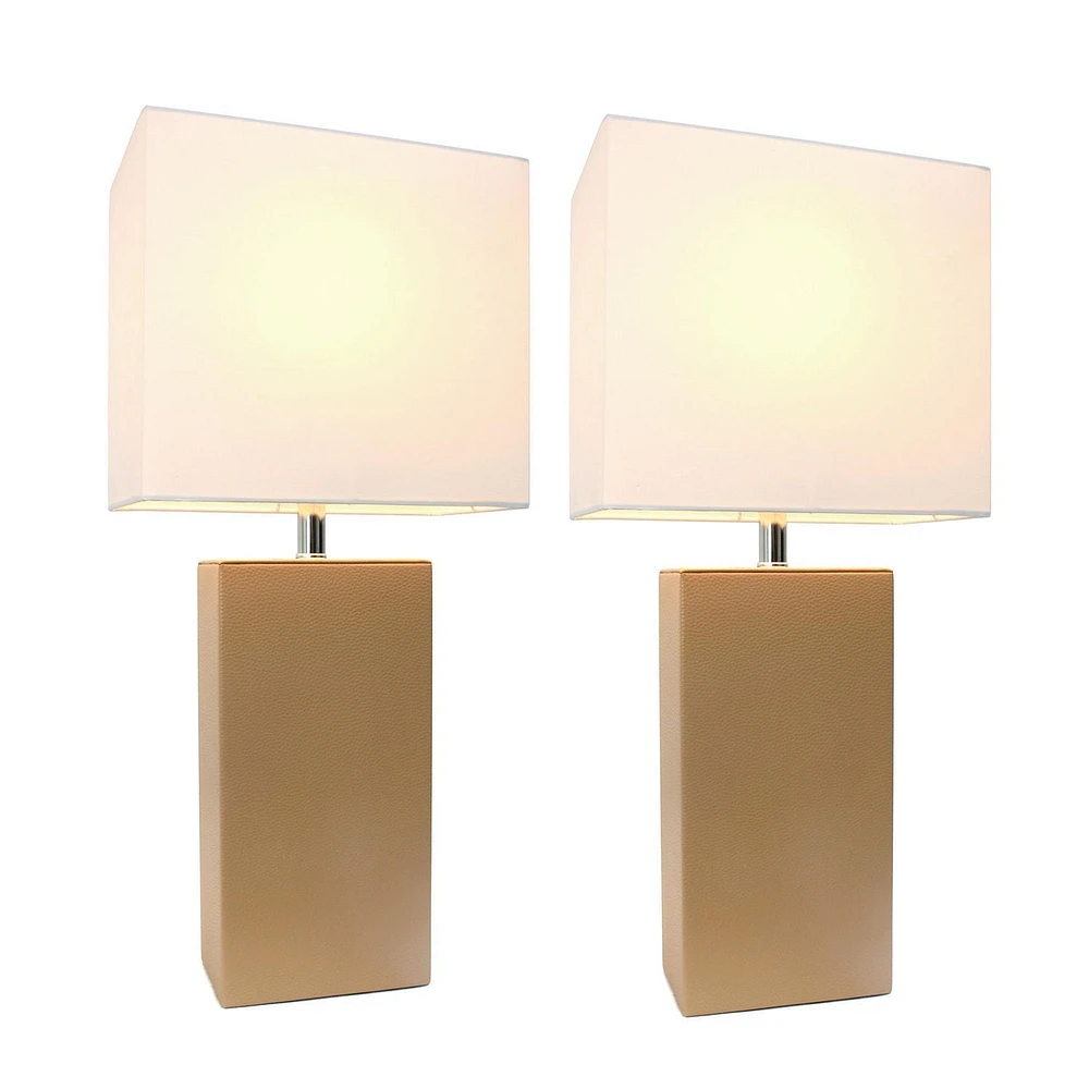 Pack de 2 lampes de table modernes en cuir avec abat-jour en tissu blanc, beige, Elegant Designs