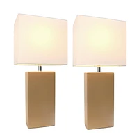 Pack de 2 lampes de table modernes en cuir avec abat-jour en tissu blanc, beige, Elegant Designs